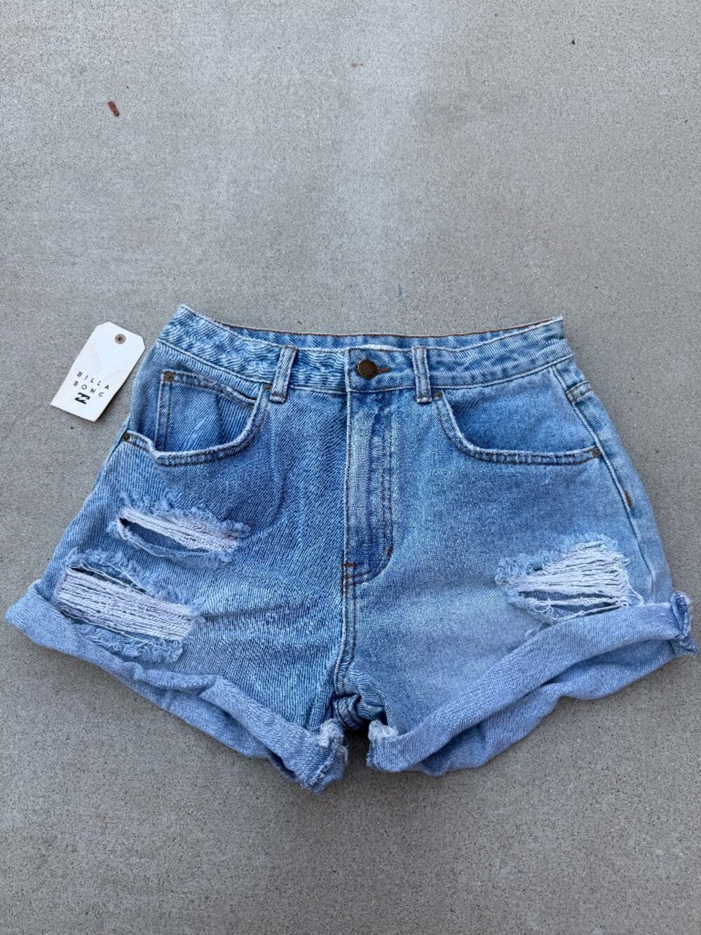 NWT Billabong How Bout That Medium Wash Denim Distressed Beachy Shorts Size 28